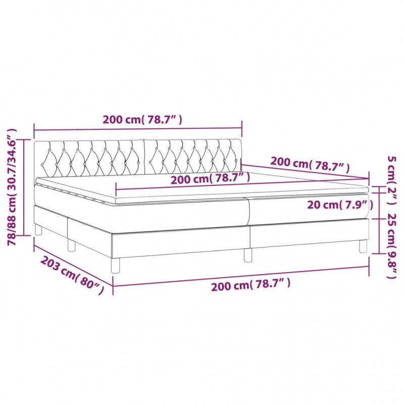 Łóżko kontynentalne z materacem i LED, szare 200x200cm, aksamit