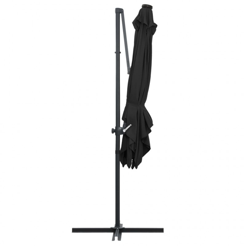 Parasol wiszący z LED i stalowym słupkiem, 250x250 cm, czarny
