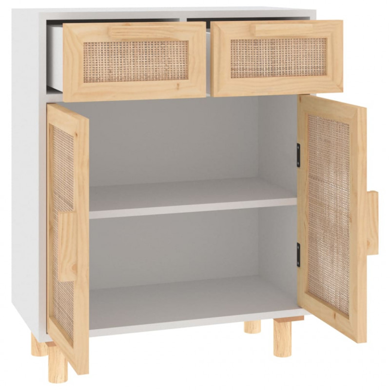 Szafka, biała, 60x30x75 cm, lita sosna i naturalny rattan