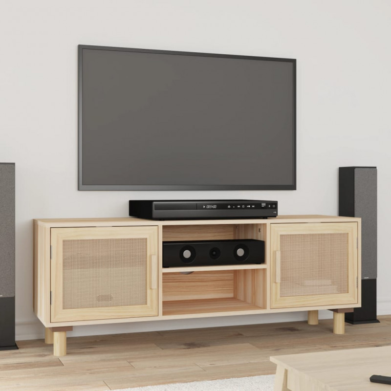Stolik pod TV, brązowy, 105x30x40 cm, drewno sosnowe i rattan