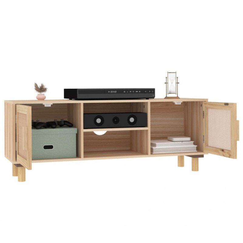Stolik pod TV, brązowy, 105x30x40 cm, drewno sosnowe i rattan