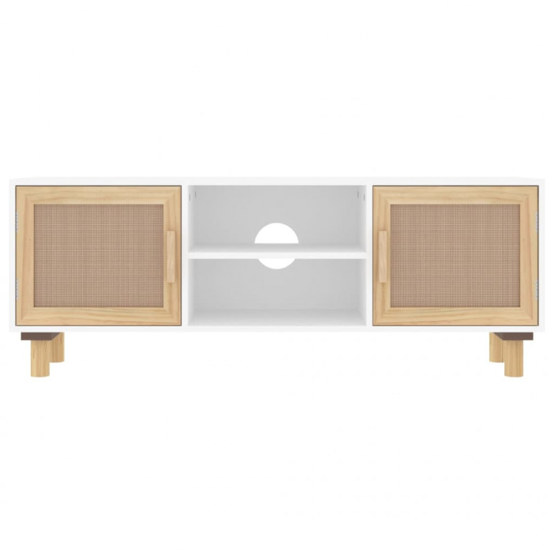Stolik pod TV, biały, 105x30x40 cm, drewno sosnowe i rattan