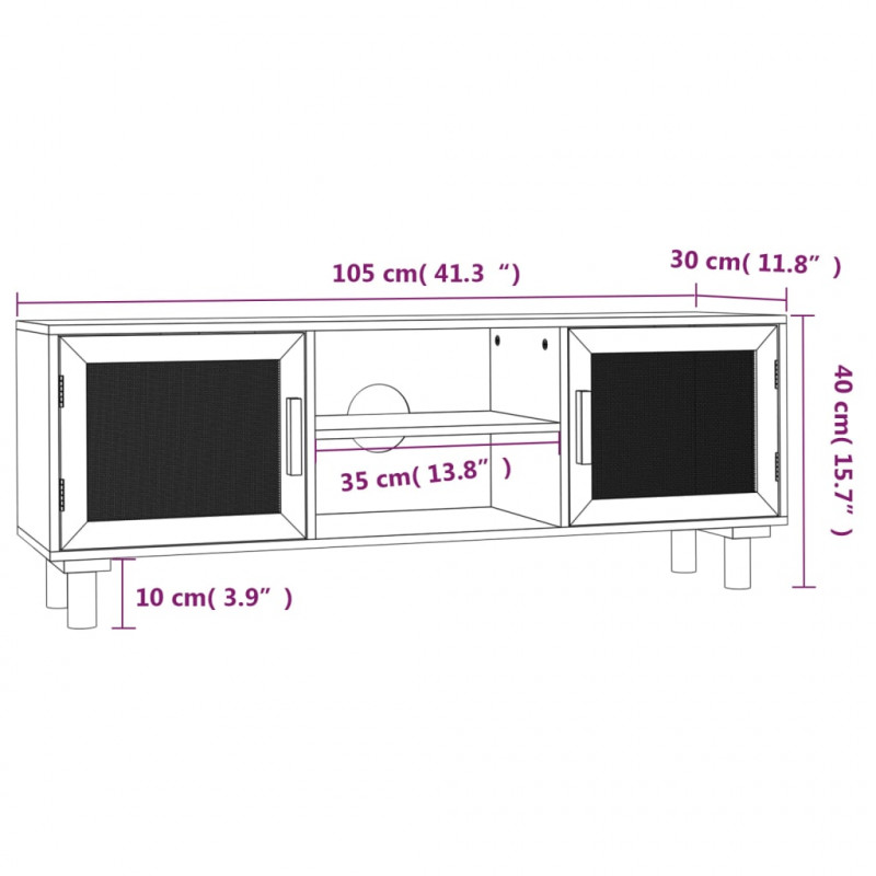 Stolik pod TV, biały, 105x30x40 cm, drewno sosnowe i rattan