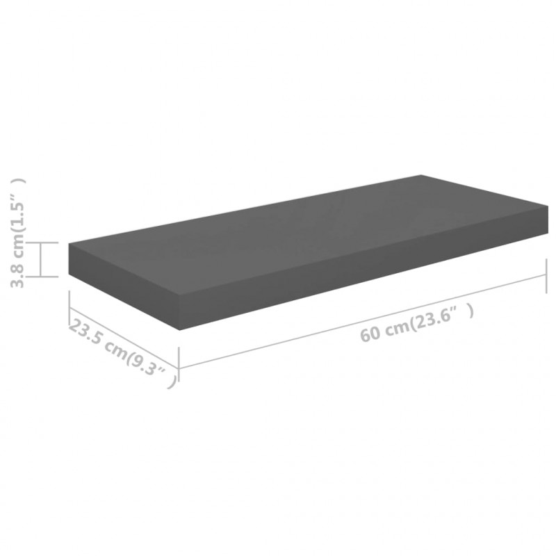 Półka ścienna, wysoki połysk, szara, 60x23,5x3,8 cm, MDF