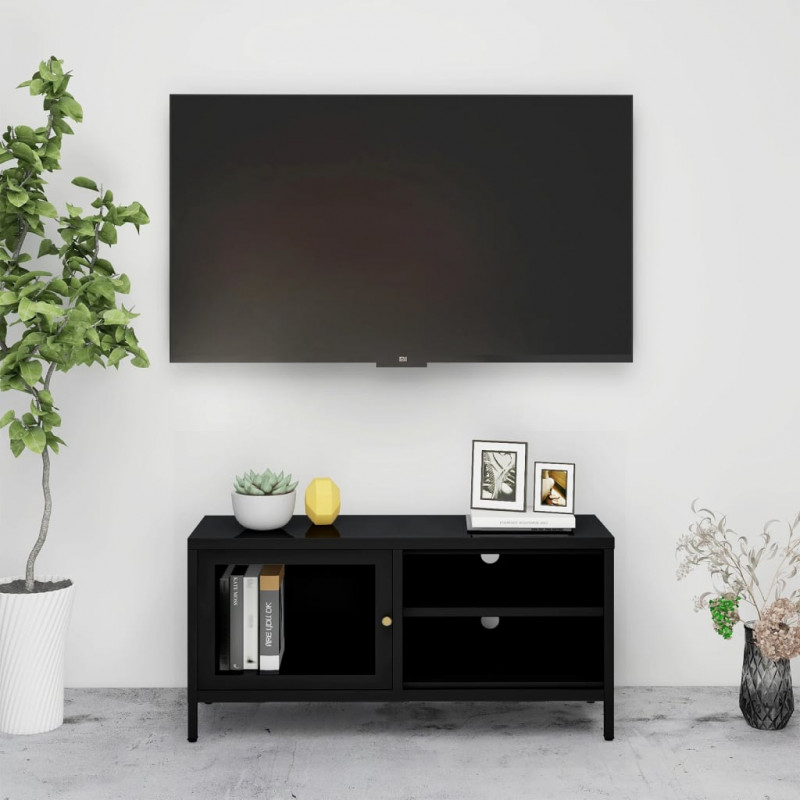 Szafka pod telewizor, czarna, 90x30x44 cm, stal i szkło