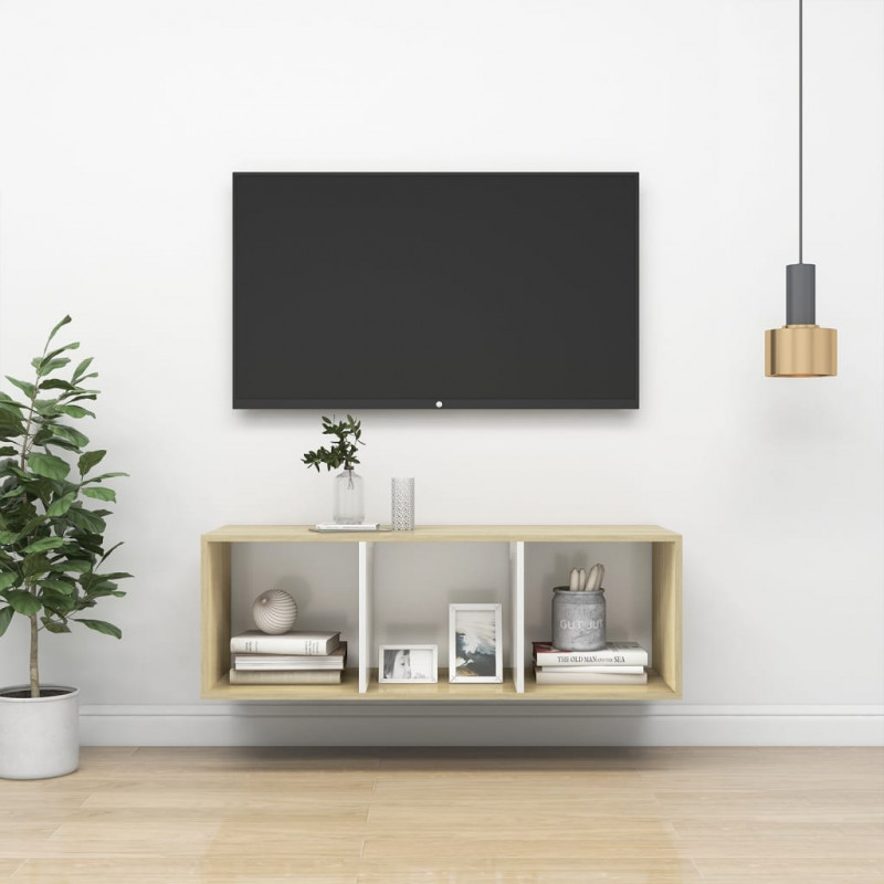 Wisząca szafka pod TV, dąb sonoma i biel, 37x37x107 cm