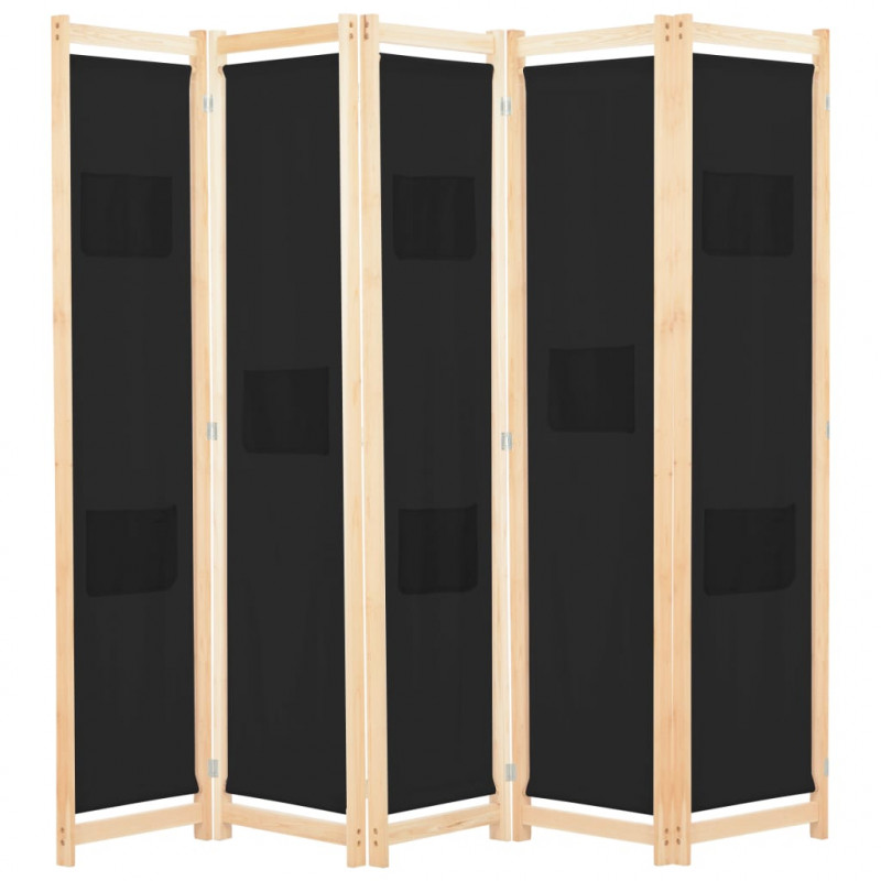 Parawan 5-panelowy, czarny, 200 x 170 x 4 cm, tkanina