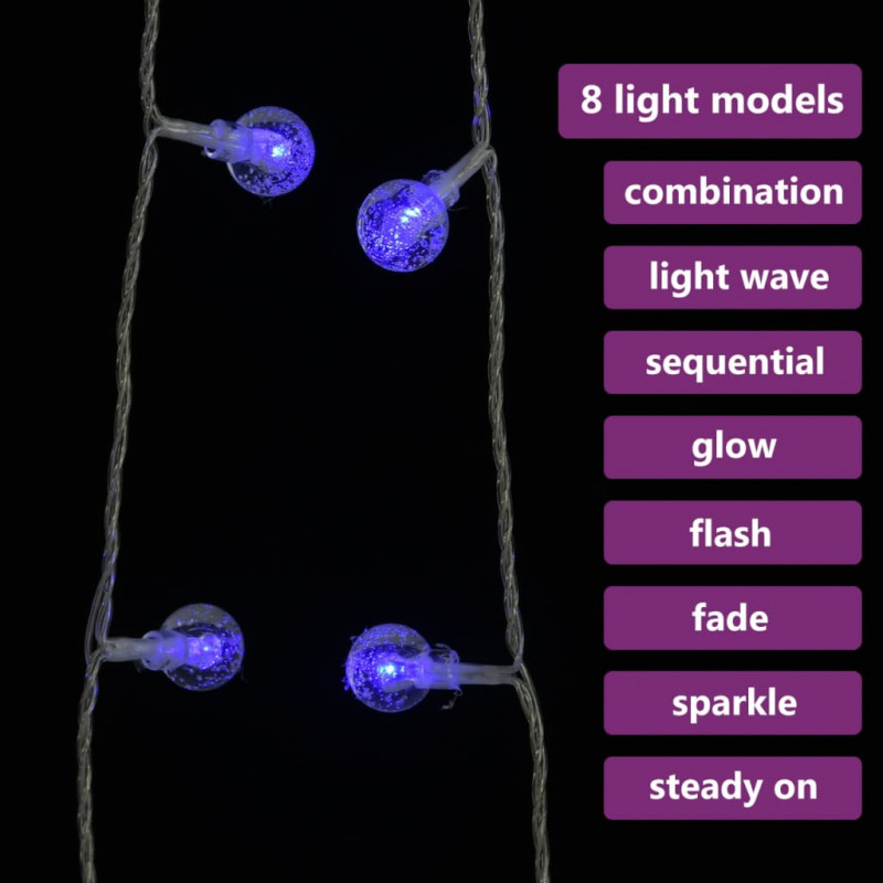 Lampki świąteczne, 20 m, 200 niebieskich diod LED, 8 funkcji