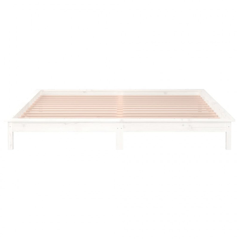 Rama łóżka z LED, biała, 135x190 cm, podwójna, lite drewno