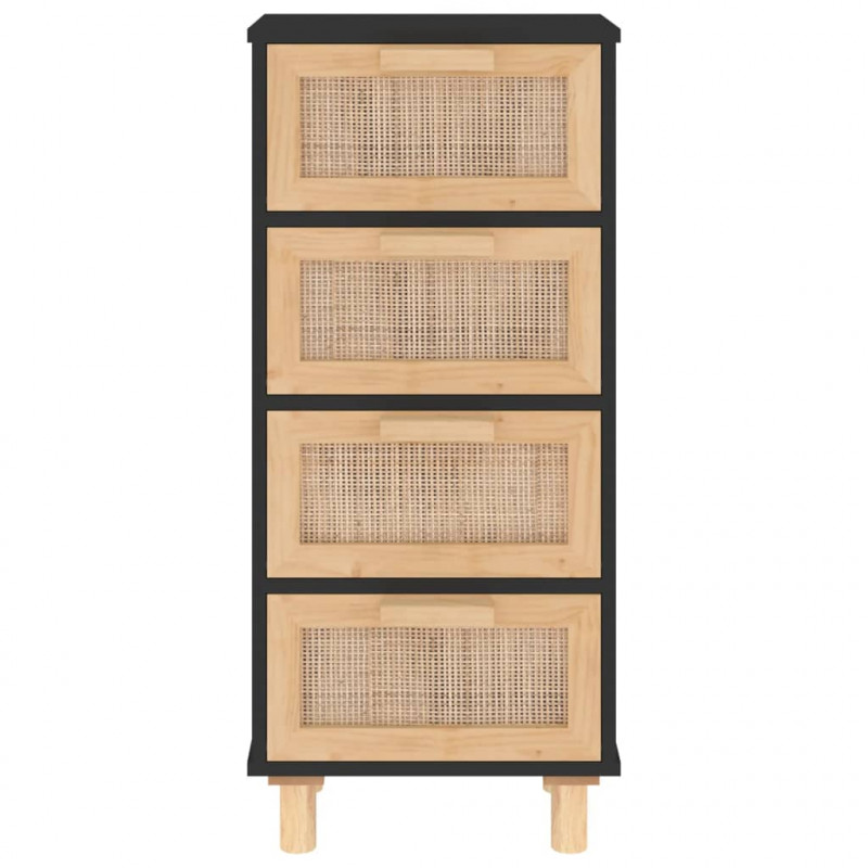 Komoda, czarna, 40x30x90 cm, lita sosna i naturalny rattan