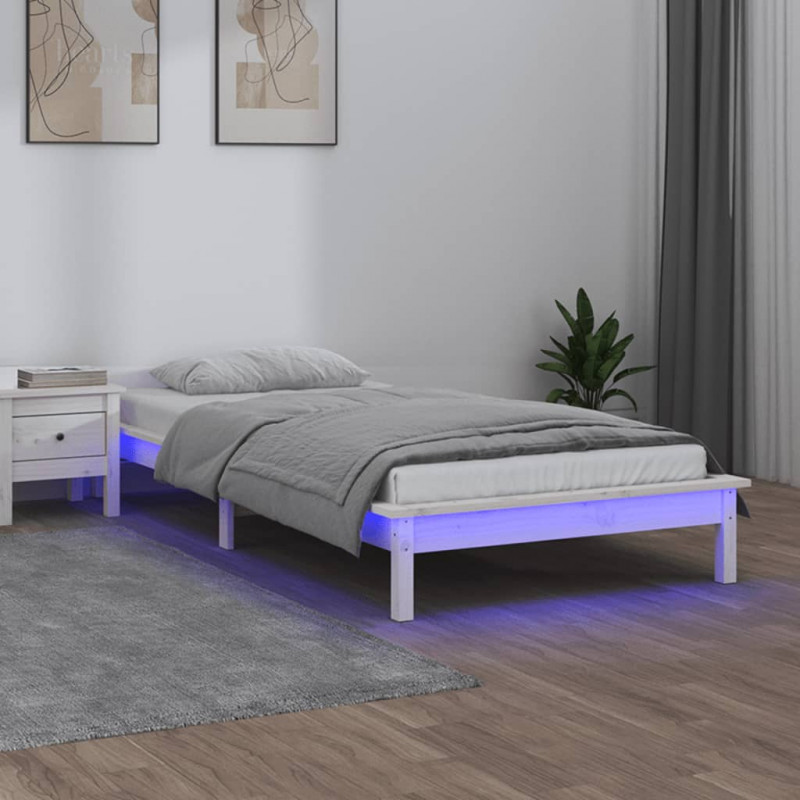 Rama łóżka z LED, biała, 100x200 cm, lite drewno