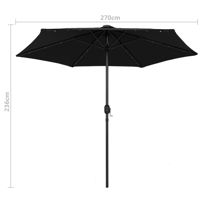 Parasol ogrodowy z LED i aluminiowym słupkiem, 270 cm, czarny