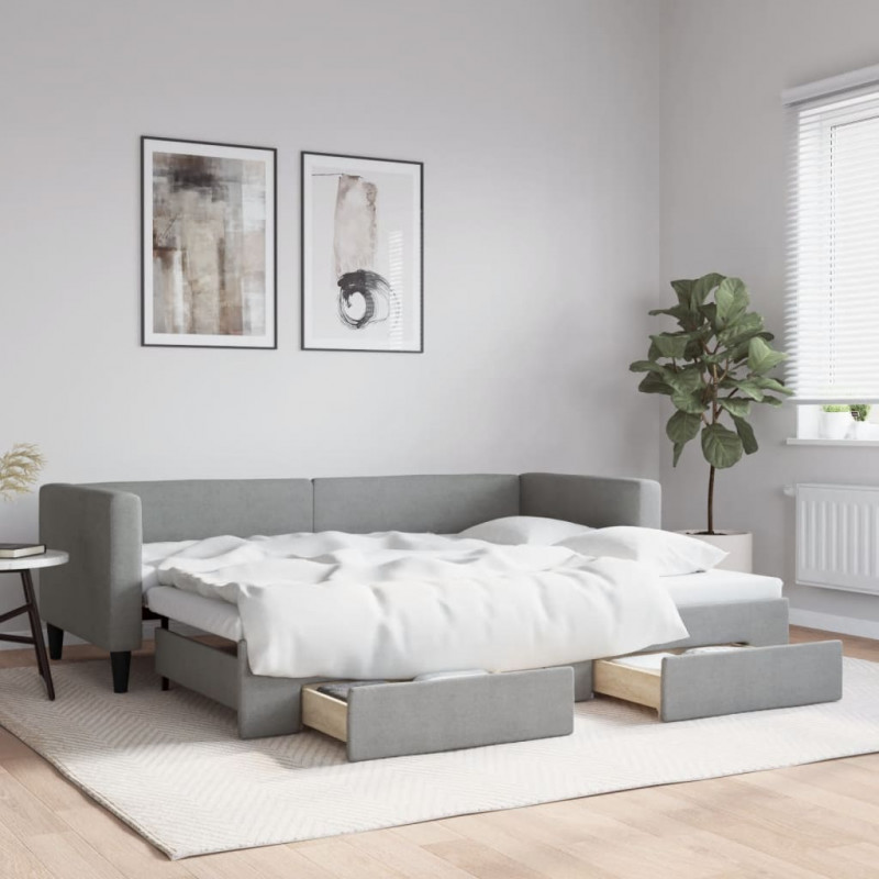 Sofa rozsuwana z szufladami, jasnoszara, 80x200 cm, tkanina