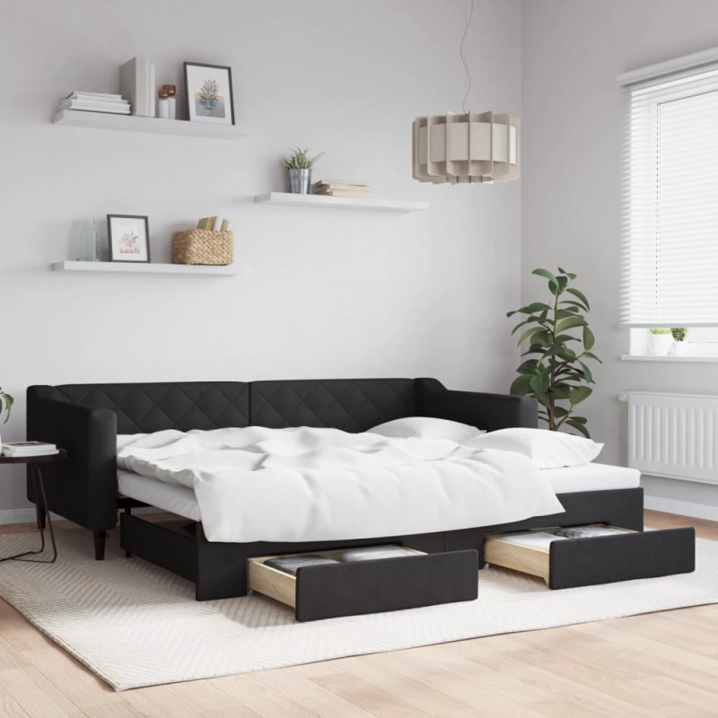 Sofa rozsuwana z szufladami, czarna, 90x200 cm, tkanina