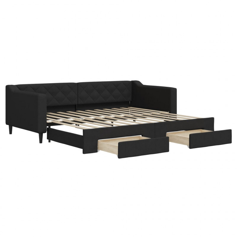 Sofa rozsuwana z szufladami, czarna, 90x200 cm, tkanina