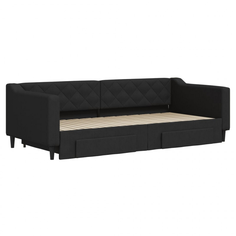 Sofa rozsuwana z szufladami, czarna, 90x200 cm, tkanina