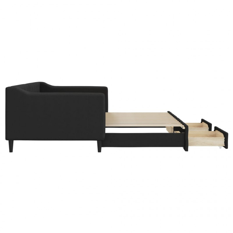 Sofa rozsuwana z szufladami, czarna, 90x200 cm, tkanina