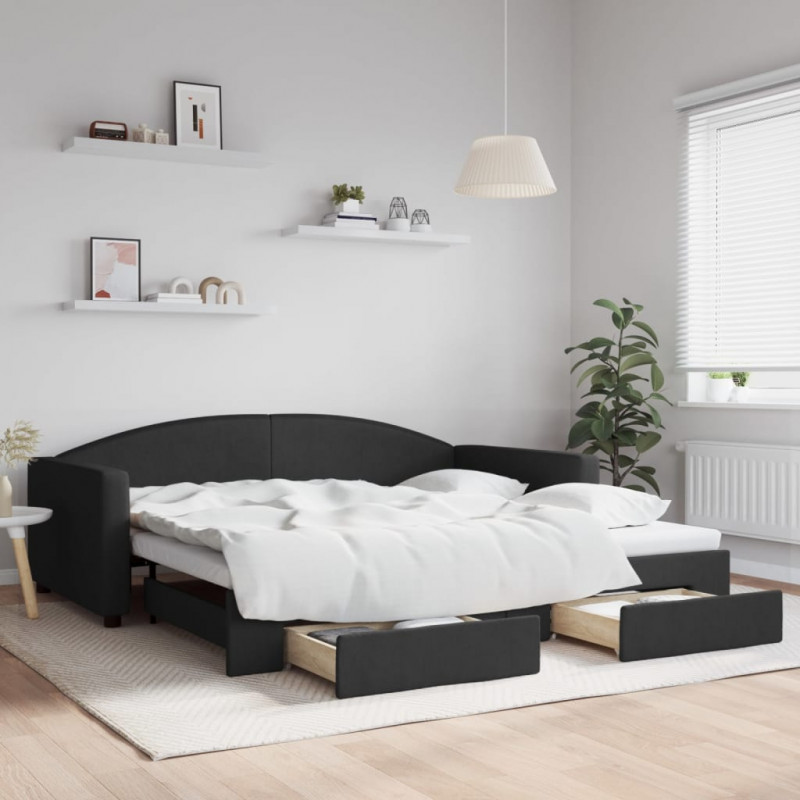 Sofa rozsuwana z szufladami, czarna, 100x200 cm, tkanina