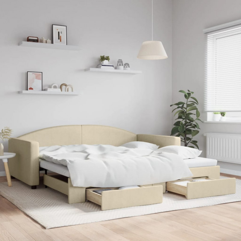 Sofa rozsuwana z szufladami, kremowa, 100x200 cm, tkanina