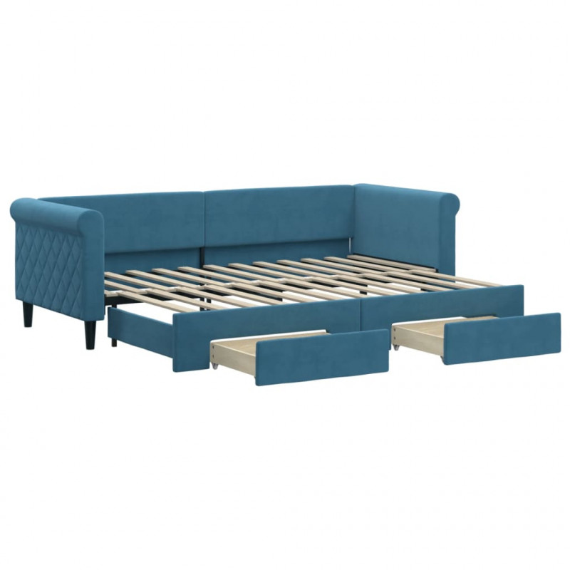 Sofa rozsuwana z szufladami, niebieska, 80x200 cm, aksamit