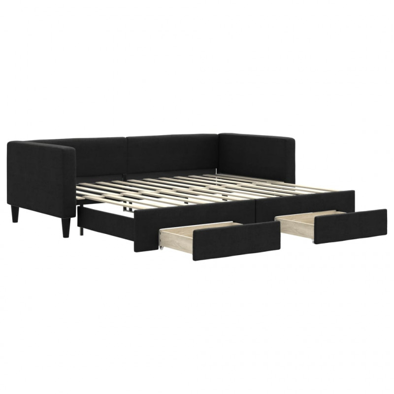 Sofa rozsuwana z szufladami, czarna, 90x200 cm, tkanina