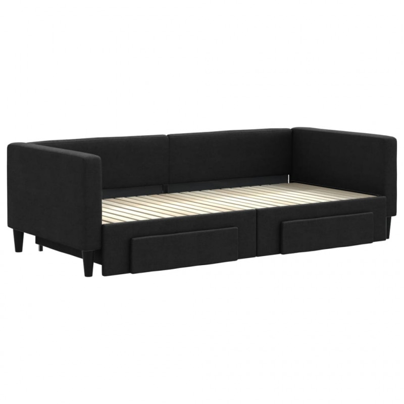 Sofa rozsuwana z szufladami, czarna, 90x200 cm, tkanina
