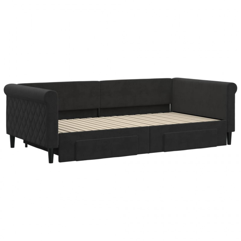 Sofa rozsuwana z szufladami, czarna, 100x200 cm, aksamit
