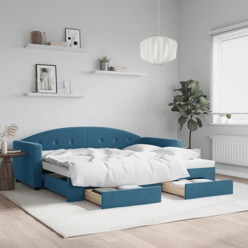 Sofa rozsuwana z szufladami, niebieska, 90x200 cm, aksamit