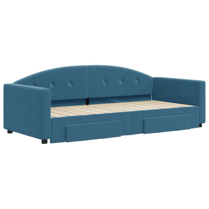 Sofa rozsuwana z szufladami, niebieska, 90x200 cm, aksamit