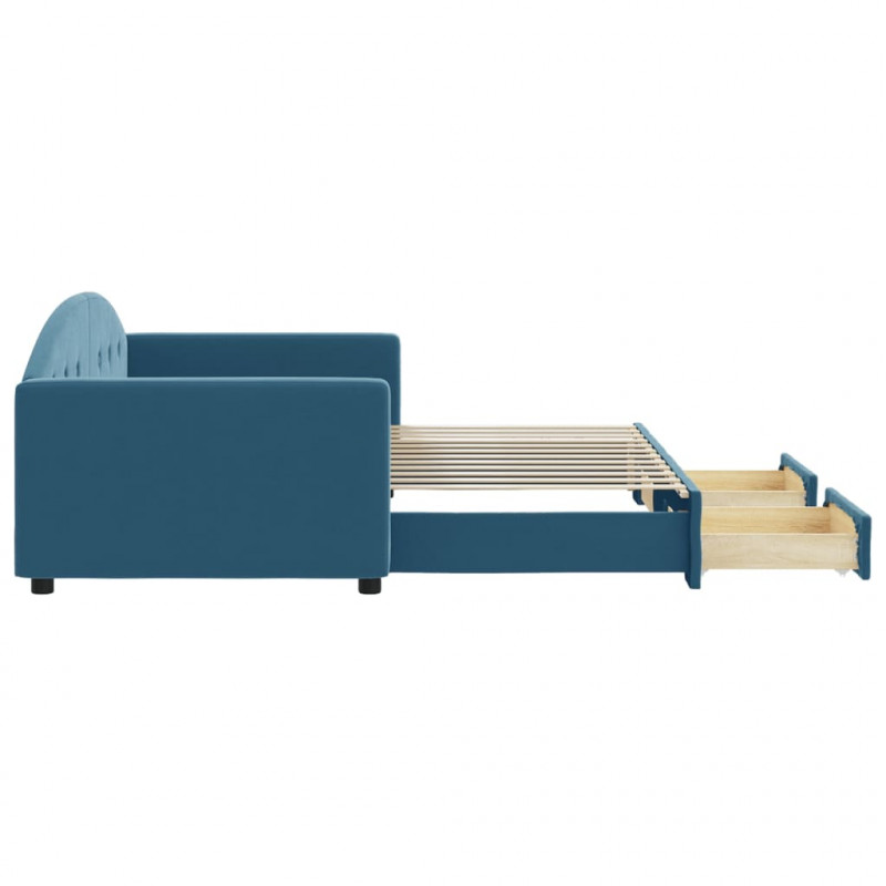 Sofa rozsuwana z szufladami, niebieska, 90x200 cm, aksamit