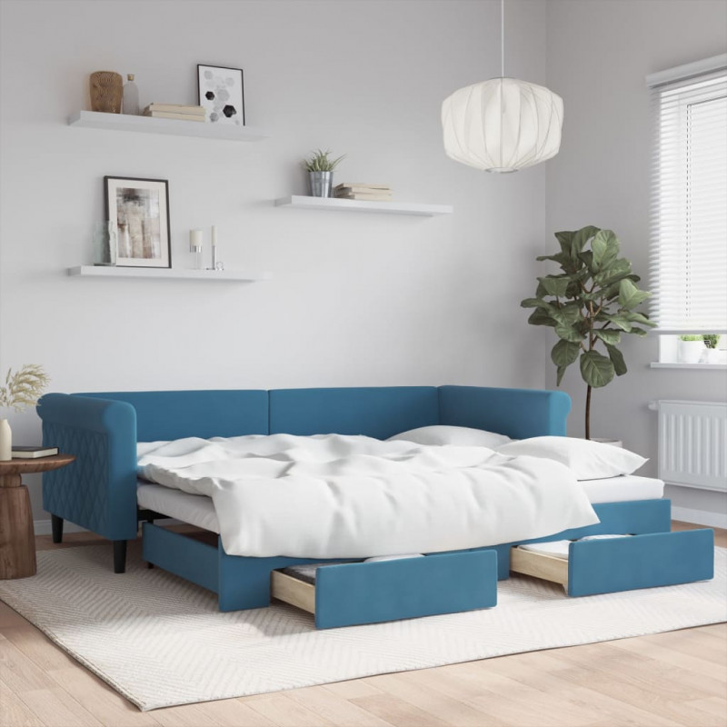 Sofa rozsuwana z szufladami, niebieska, 90x200 cm, aksamit