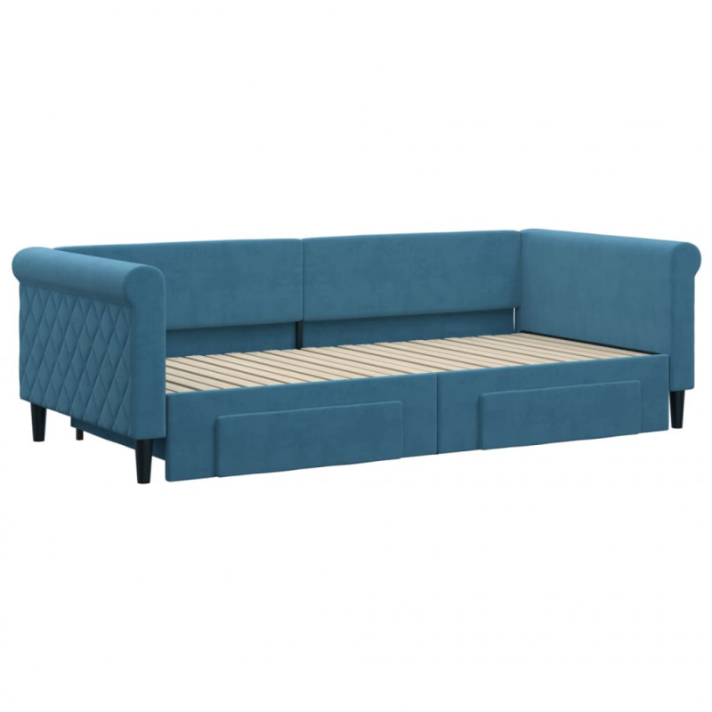 Sofa rozsuwana z szufladami, niebieska, 90x200 cm, aksamit