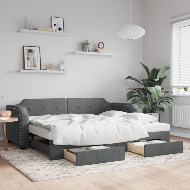 Sofa rozsuwana z szufladami, ciemnoszara, 90x200 cm, tkanina