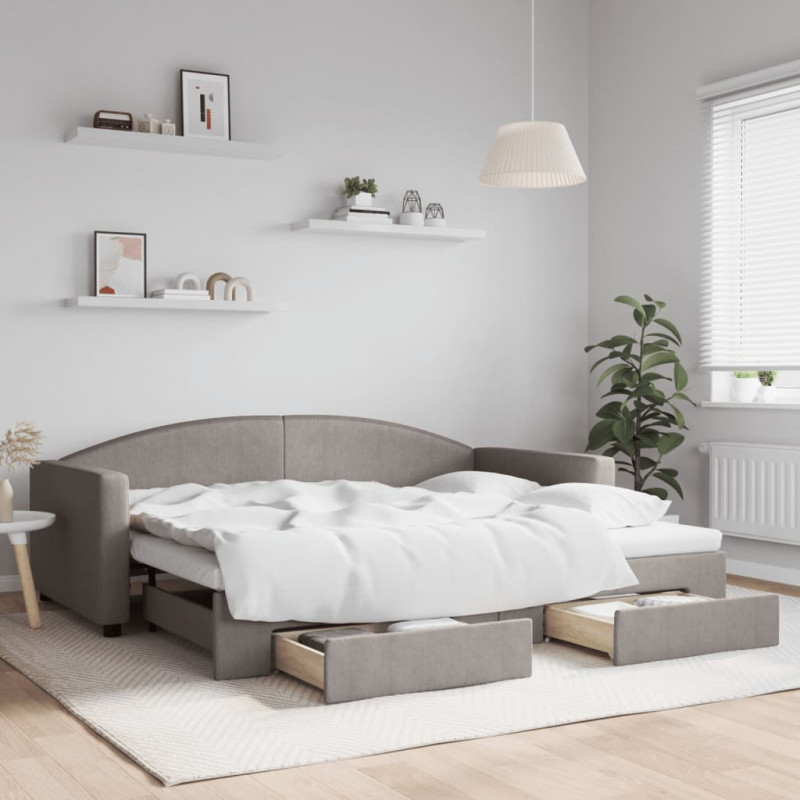Sofa rozsuwana z szufladami, taupe, 90x200 cm, tkanina