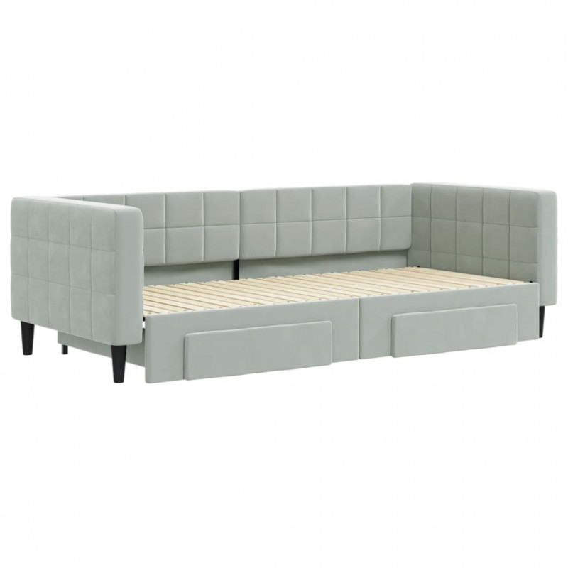 Sofa rozsuwana z szufladami, jasnoszara, 90x200 cm, aksamit