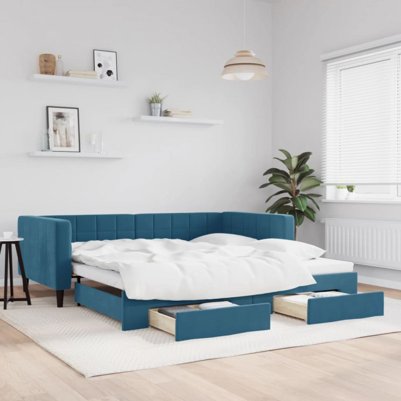 Sofa rozsuwana z szufladami, niebieska, 100x200 cm, aksamit