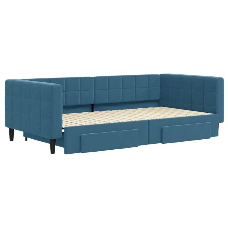 Sofa rozsuwana z szufladami, niebieska, 100x200 cm, aksamit