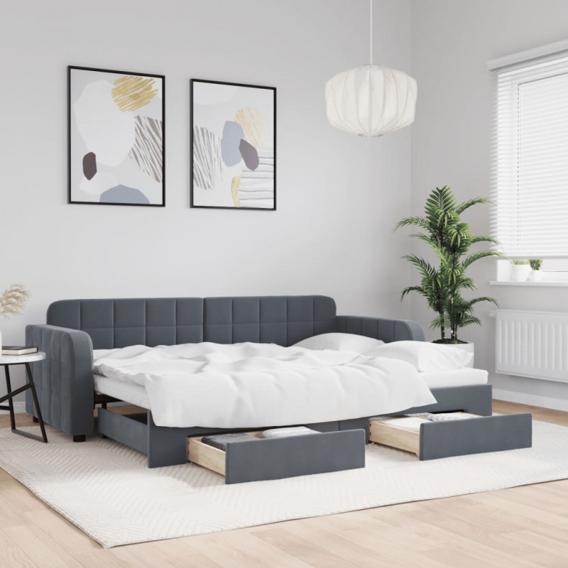 Sofa rozsuwana z szufladami, ciemnoszara, 80x200 cm, aksamit