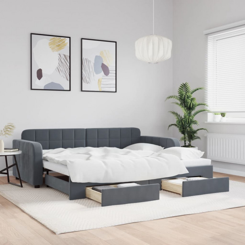 Sofa rozsuwana z szufladami, ciemnoszara, 90x200 cm, aksamit