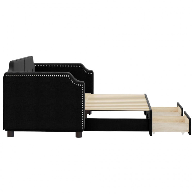 Sofa rozsuwana z szufladami, czarna, 80x200 cm, tkanina
