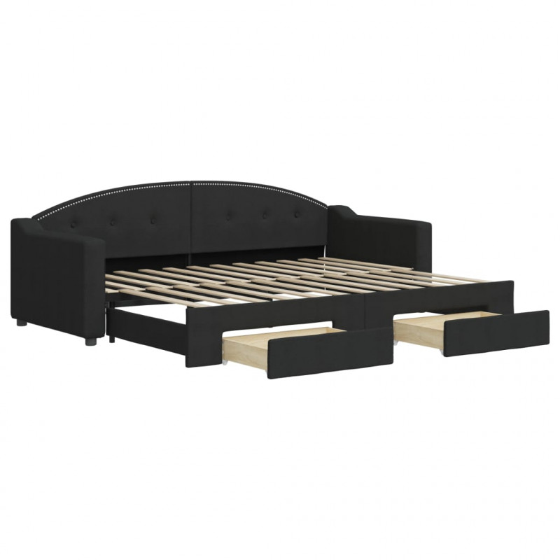 Sofa rozsuwana z szufladami, czarna, 80x200 cm, tkanina