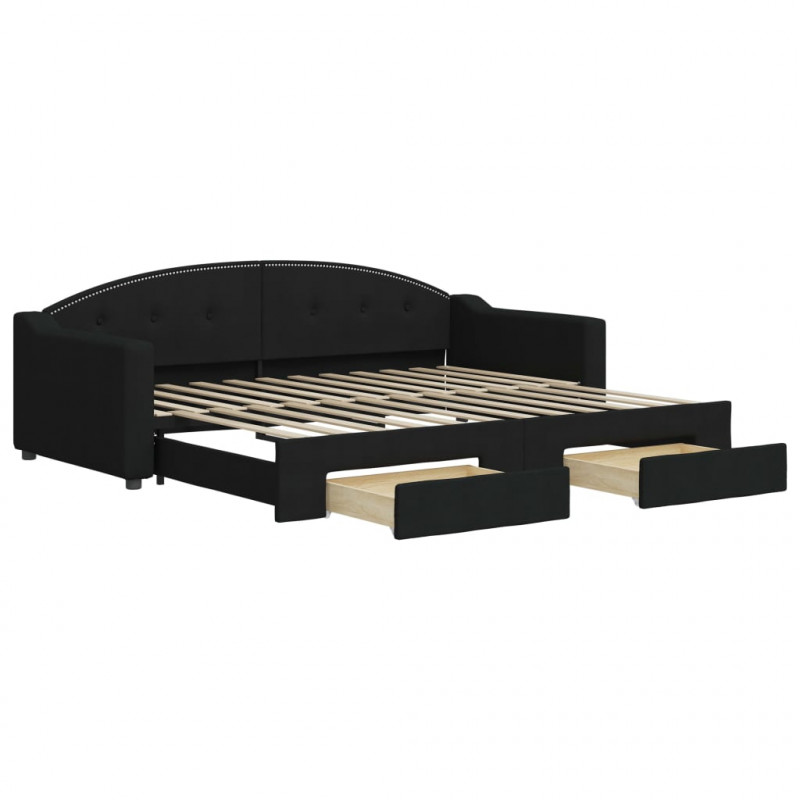 Sofa rozsuwana z szufladami, czarna, 90x200 cm, tkanina