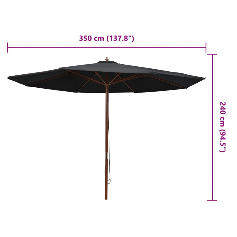 Parasol ogrodowy na drewnianym słupku, 350 cm, czarny