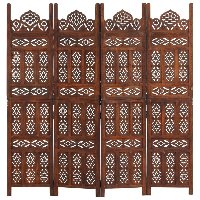 Parawan 4-panelowy, rzeźbiony, brąz, 160x165 cm, drewno mango
