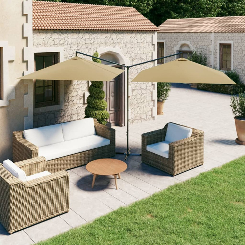 Podwójny parasol ogrodowy, stalowy słupek, taupe, 600x300 cm