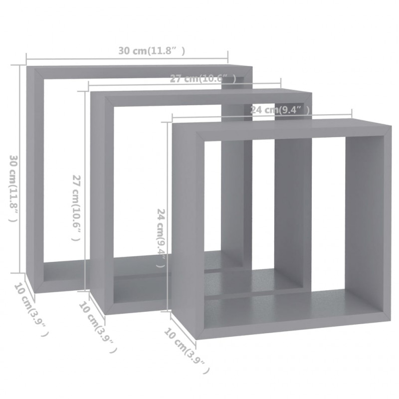 Półki ścienne kostki, 3 szt., szare, MDF