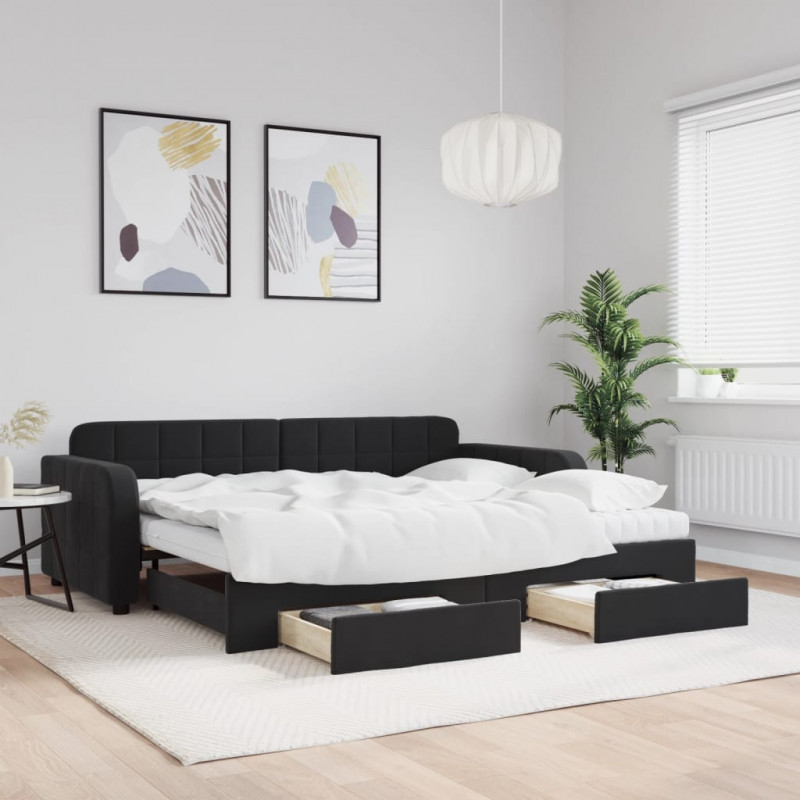 Sofa rozsuwana z szufladami, czarna, 90x200 cm, aksamit