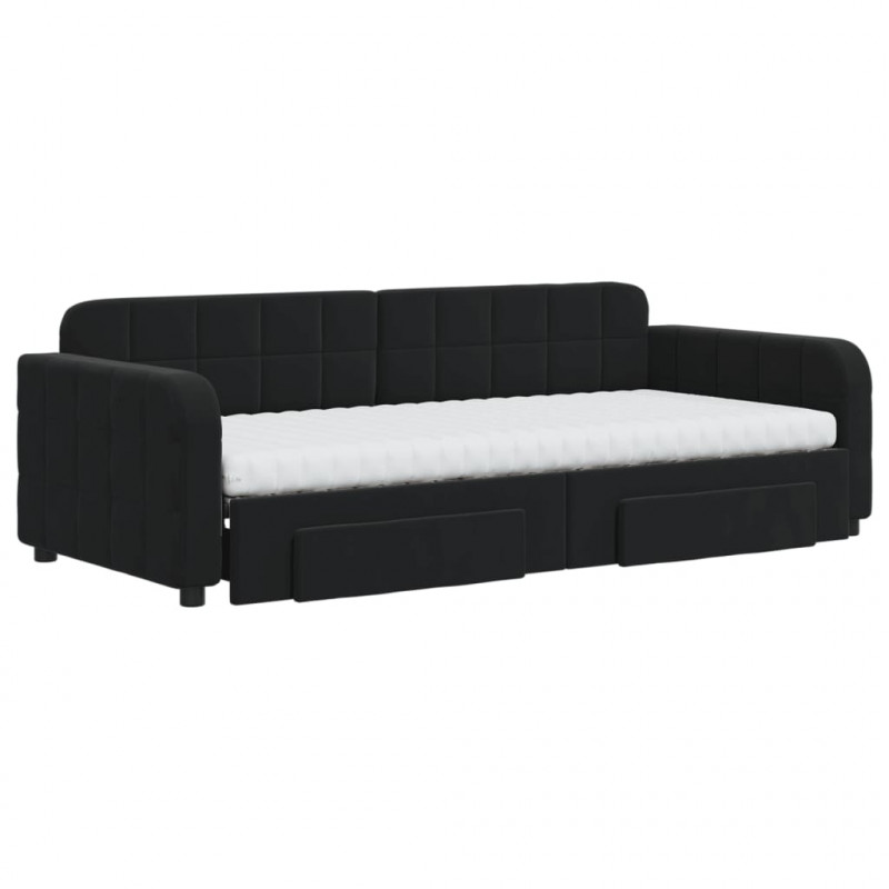 Sofa rozsuwana z szufladami, czarna, 90x200 cm, aksamit