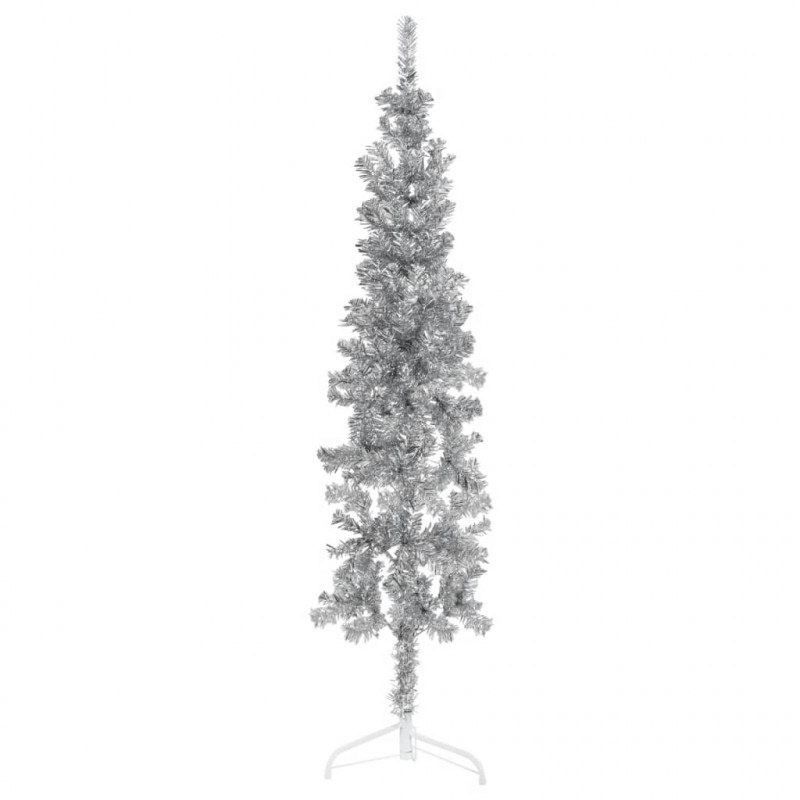 Smukła choinka połówka ze stojakiem, sztuczna, srebrna, 150 cm