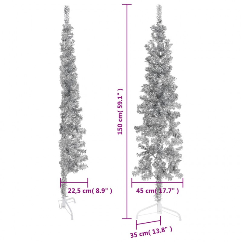 Smukła choinka połówka ze stojakiem, sztuczna, srebrna, 150 cm